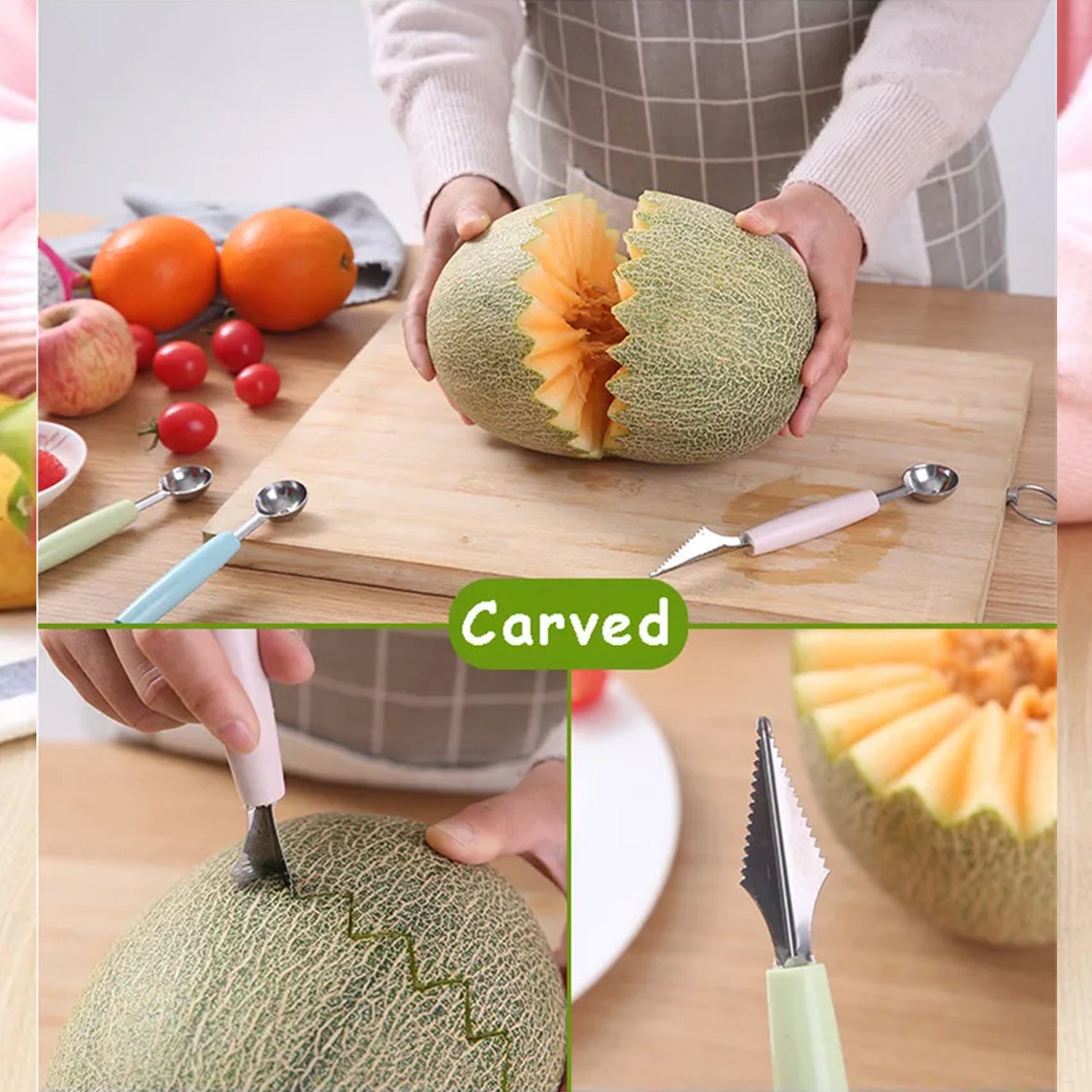 Wukusy multifunctional stainless steel fruit and vegetable carving knife set with peeler, corer, spherical dig ball, and garnishing tools.