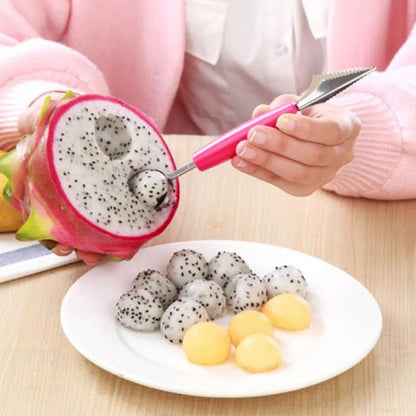 Wukusy multifunctional stainless steel fruit and vegetable carving knife with peeler, corer, spherical dig ball scoop, and garnishing tools.