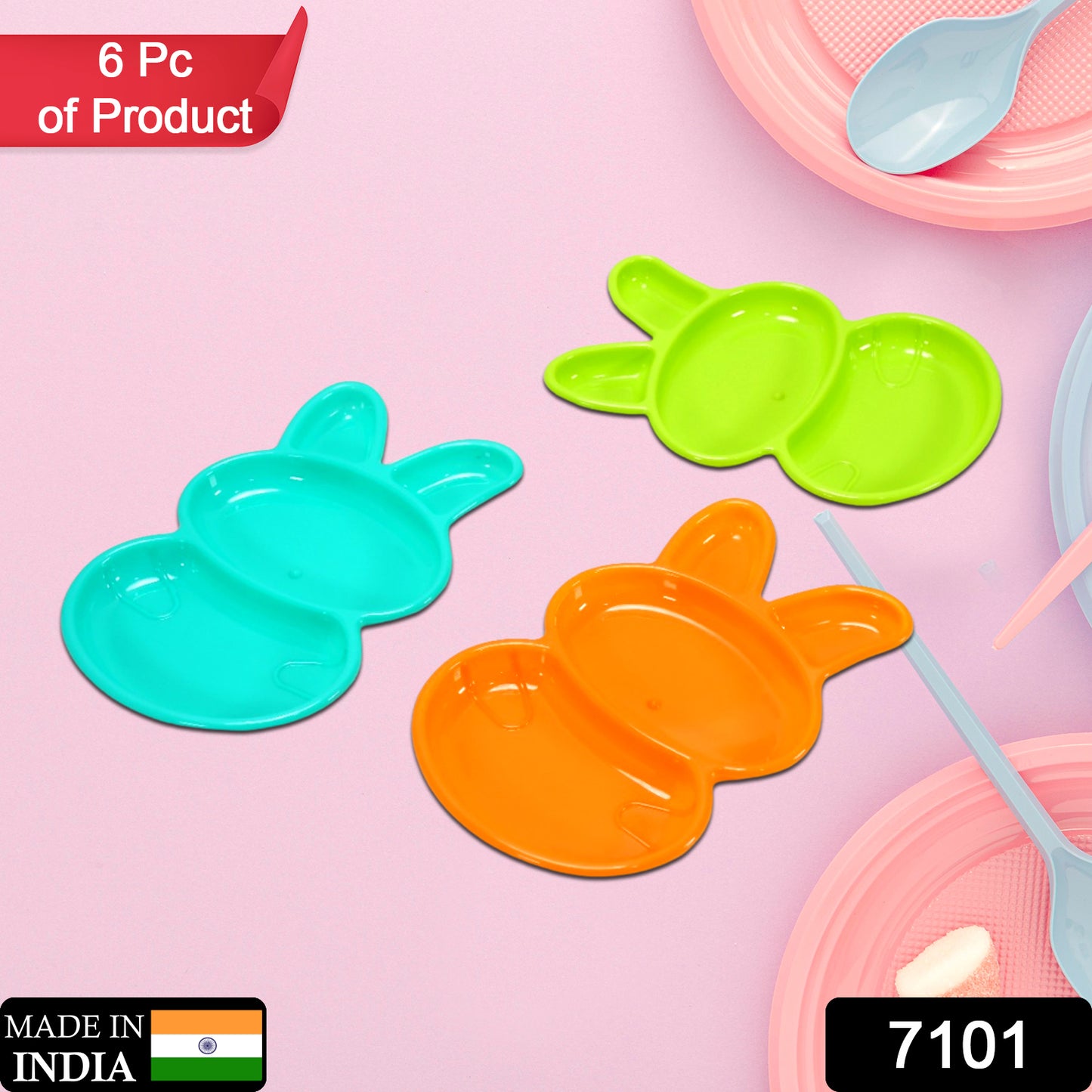 Set of six multicolor rabbit-shaped dishes for kids by Wukusy, perfect for children’s home and kitchen use.