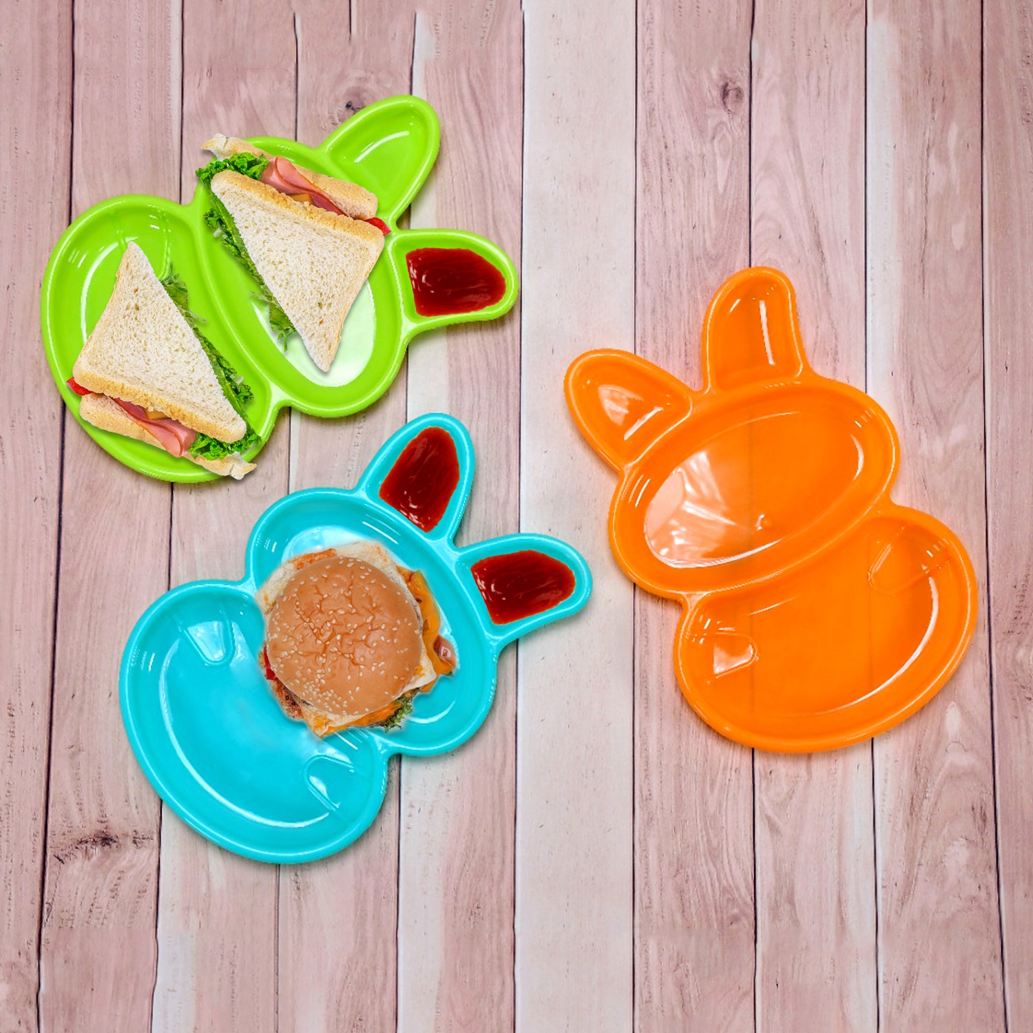 Set of six multicolor rabbit-shaped dishes for kids by Wukusy, colorful and child-friendly home and kitchen tableware.