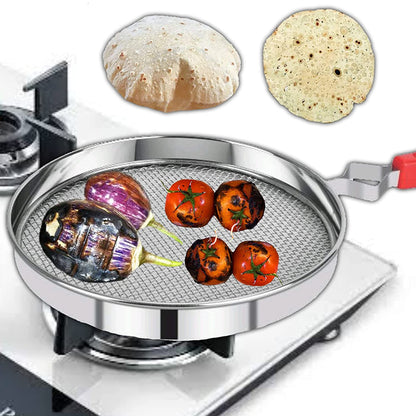 Steel roaster grill by Wukusy for papad, tandoor, and chapati roasting, shown as a single metal jali in a home kitchen setting.