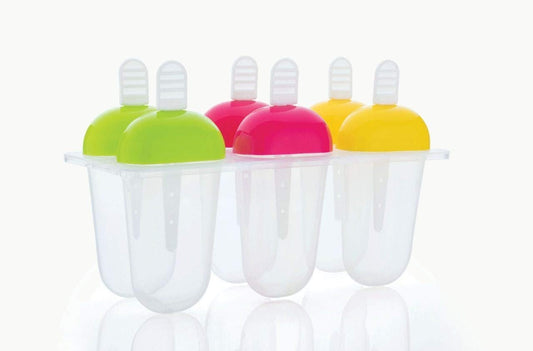 Wukusy 6-pack multicolor polypropylene ice molds for kulfi, ice cream, and candy making, featuring assorted colors and durable design.