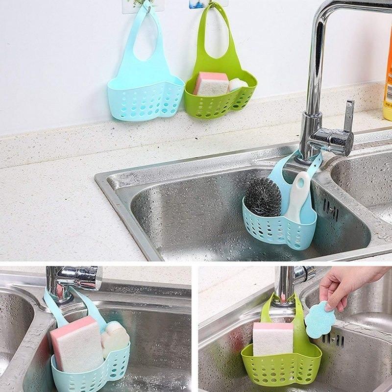 Wukusy adjustable plastic sink caddy with faucet, designed for kitchen and bathroom water drainage and organization.