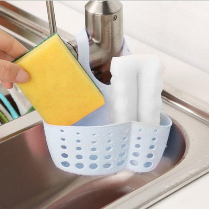 Wukusy adjustable plastic sink caddy with water drainage and faucet holder for kitchen and bathroom organization.