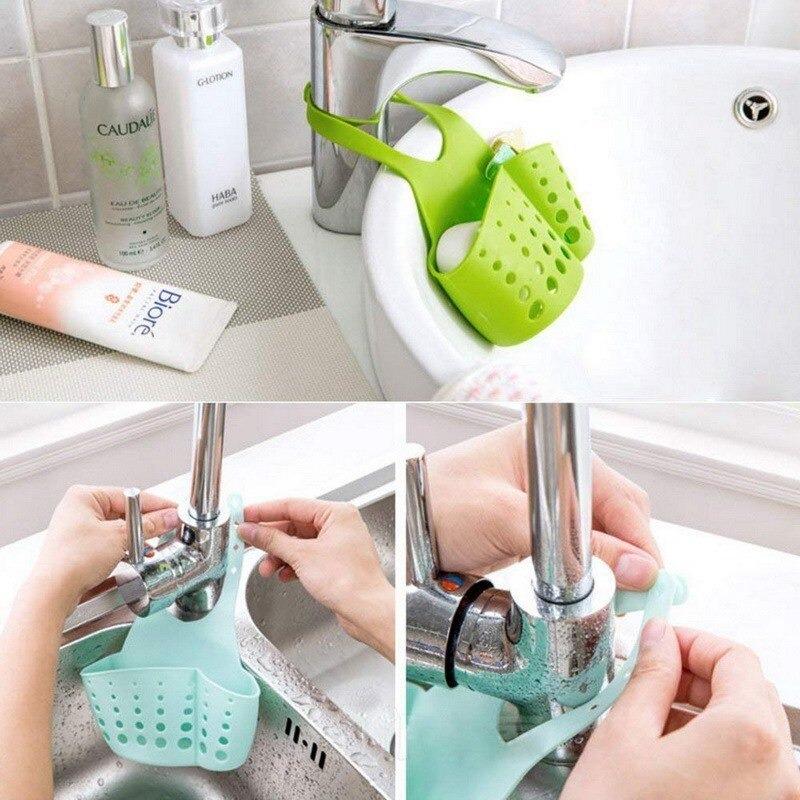 Wukusy adjustable plastic sink caddy with faucet, designed for kitchen and bathroom water drainage and organization.