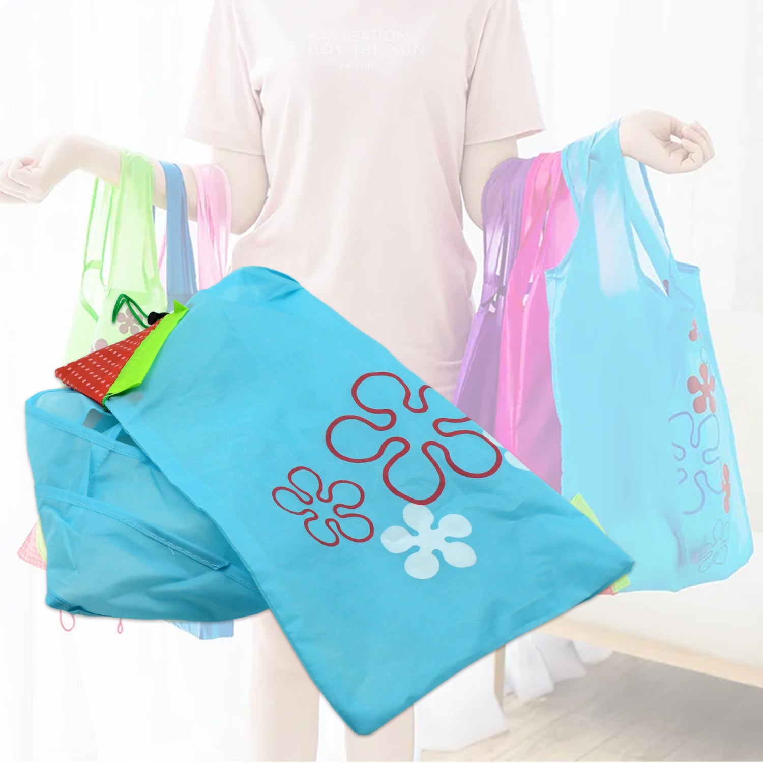 Wukusy reusable grocery bags with handles, washable and foldable shopping bags for home and kitchen use.