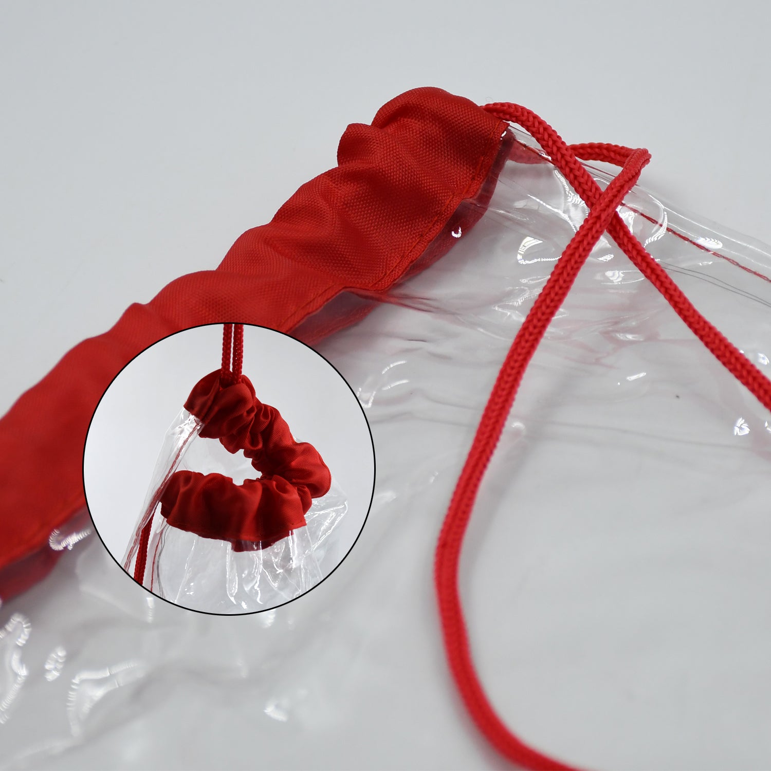 Wukusy transparent waterproof plastic stadium bag with clear string design, ideal for gym, travel, beach, or sports activities.