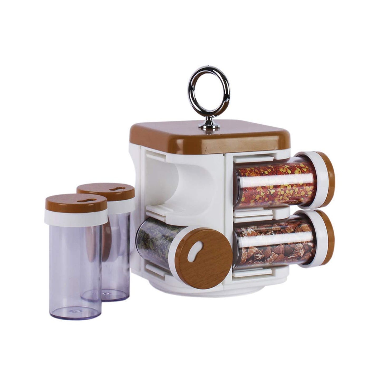 Set of 8 Wukusy Ganesh Storewell plastic spice racks for kitchen organization, with multiple small containers on a wooden shelf.