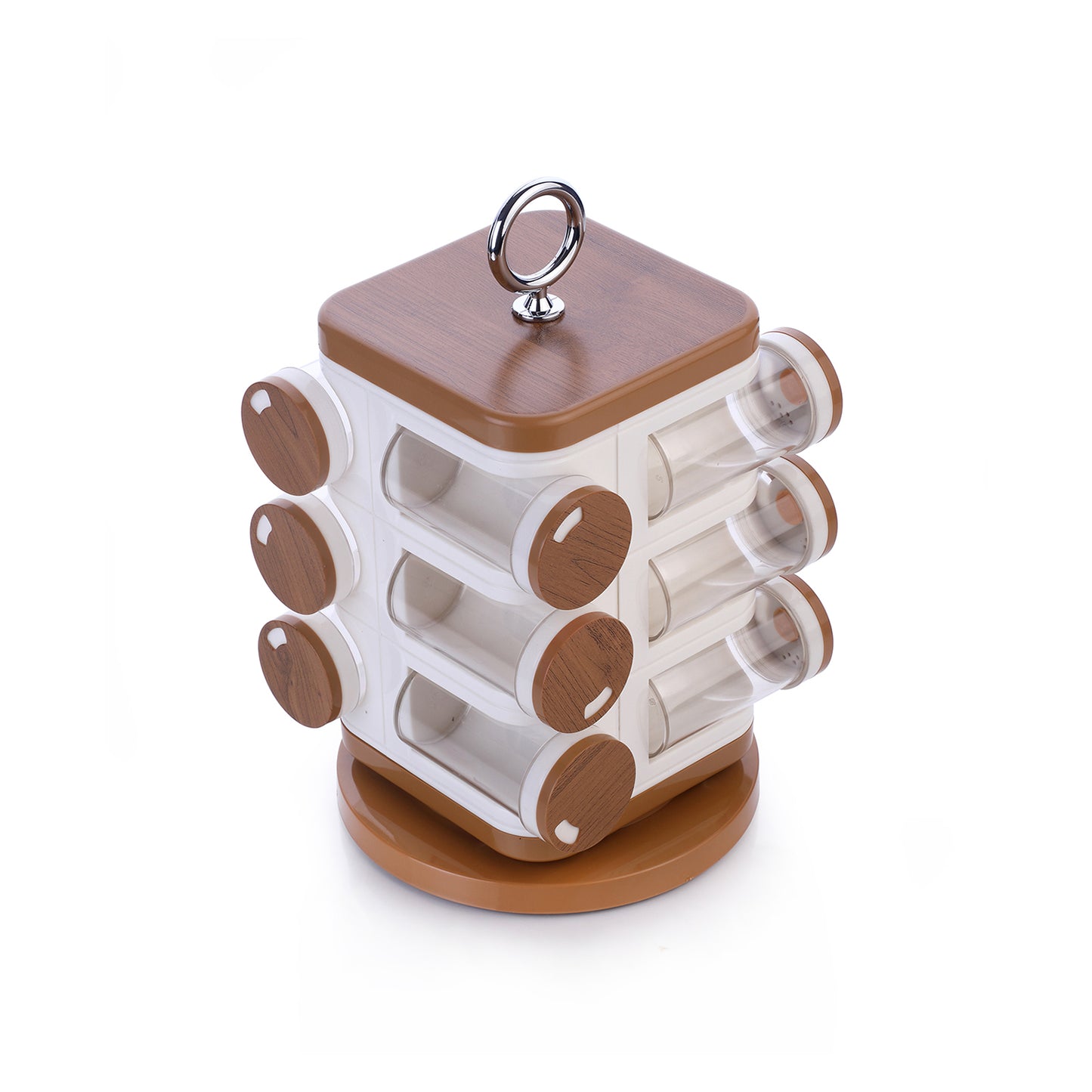 Wukusy 8118 Ganesh 12-jar revolving spice rack for home kitchen, with labeled jars and decorative Ganesh design