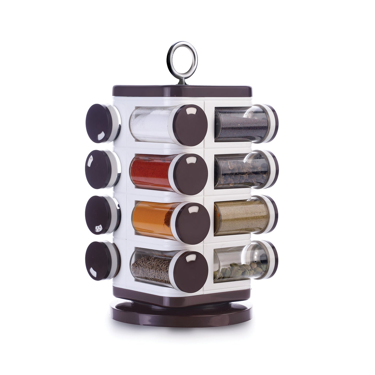 Wukusy Ganesh revolving spice rack with 16 plastic dispensers, each 100 ml capacity, in a home kitchen setting.