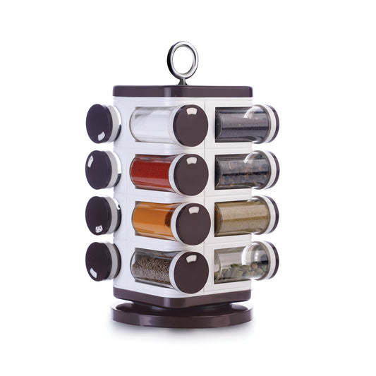 Wukusy Ganesh revolving spice rack with 16 plastic dispensers, each 100 ml capacity, in a home kitchen setting.