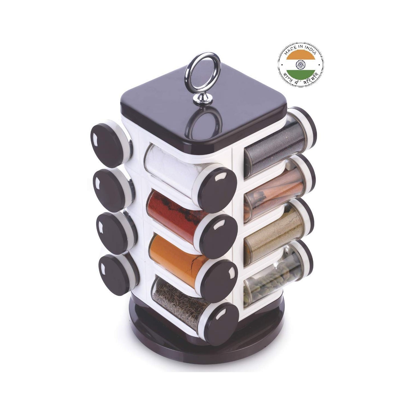 Wukusy Ganesh revolving spice rack with 16 plastic dispensers, each 100 ml, for kitchen spice storage and organization.