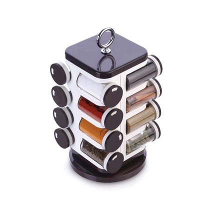 Wukusy Ganesh revolving spice rack with 16 plastic dispensers, each 100ml, ideal for kitchen spice storage and organization.