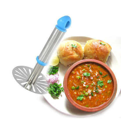 Wukusy Ganesh potato pav bhaji masher with plastic handle, silver oval design, perfect for mashing potatoes and bhaji in the kitchen.