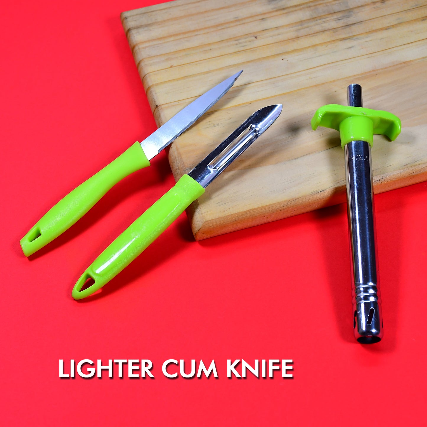 Wukusy Ganesh 3-piece lighter, knife, and peeler set for kitchen use, featuring a decorative Ganesh design and versatile tools.