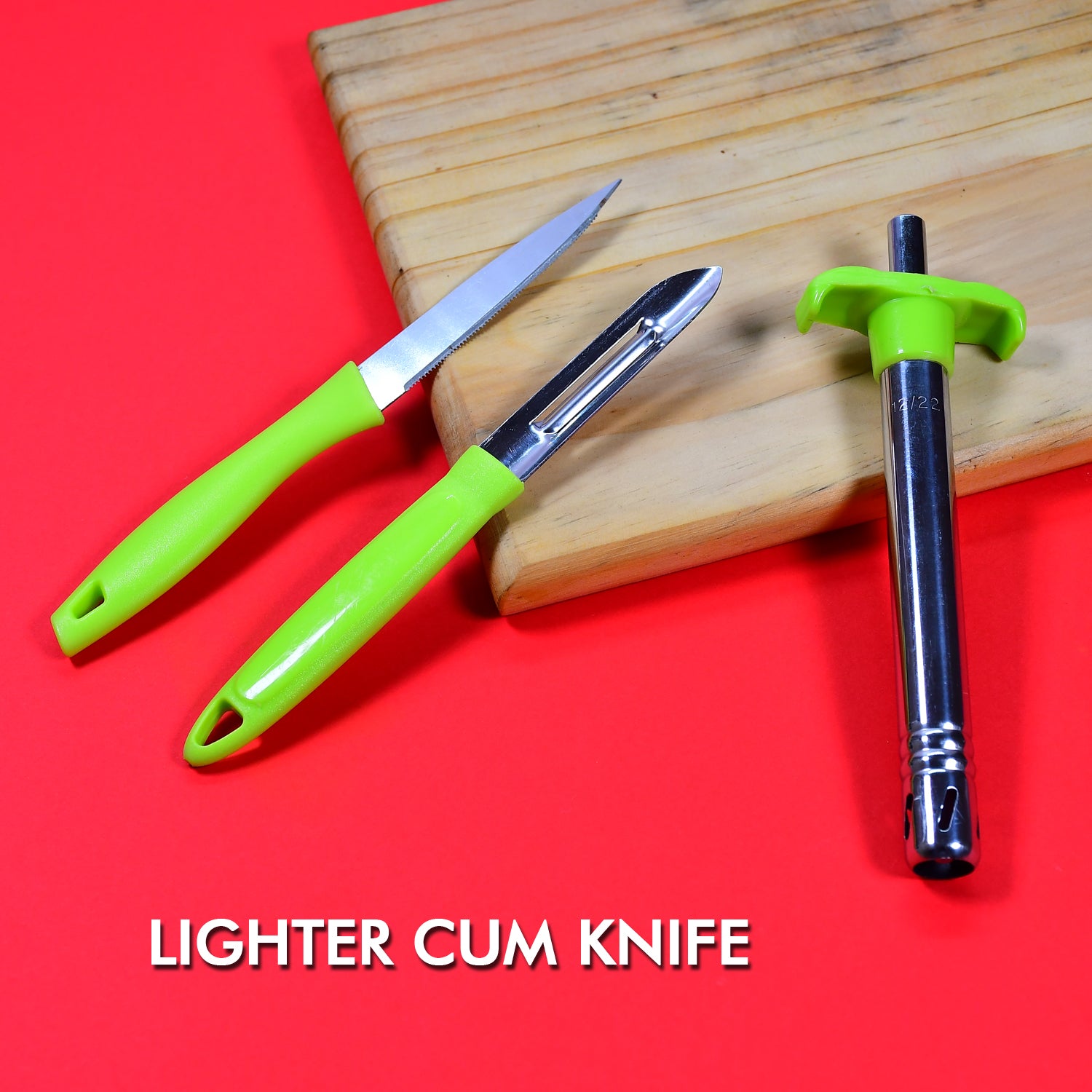 Wukusy Ganesh 3-piece lighter, knife, and peeler set for kitchen use, featuring a decorative Ganesh design and versatile tools.