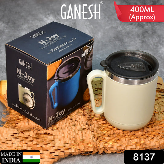 Wukusy Ganesh premium stainless steel coffee mug with heat-resistant lid, approximately 400ml, suitable for home and kitchen use.