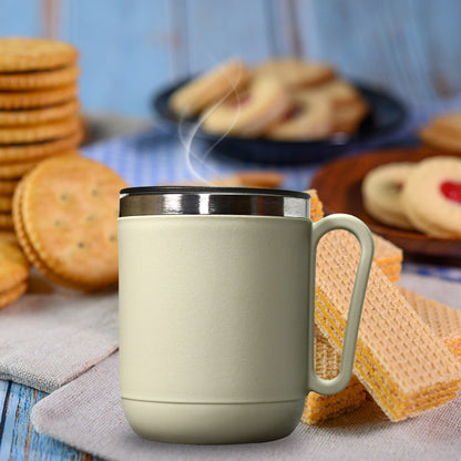Wukusy Ganesh stainless steel coffee mug with heat-resistant lid, 400ml capacity, designed for home and kitchen use.