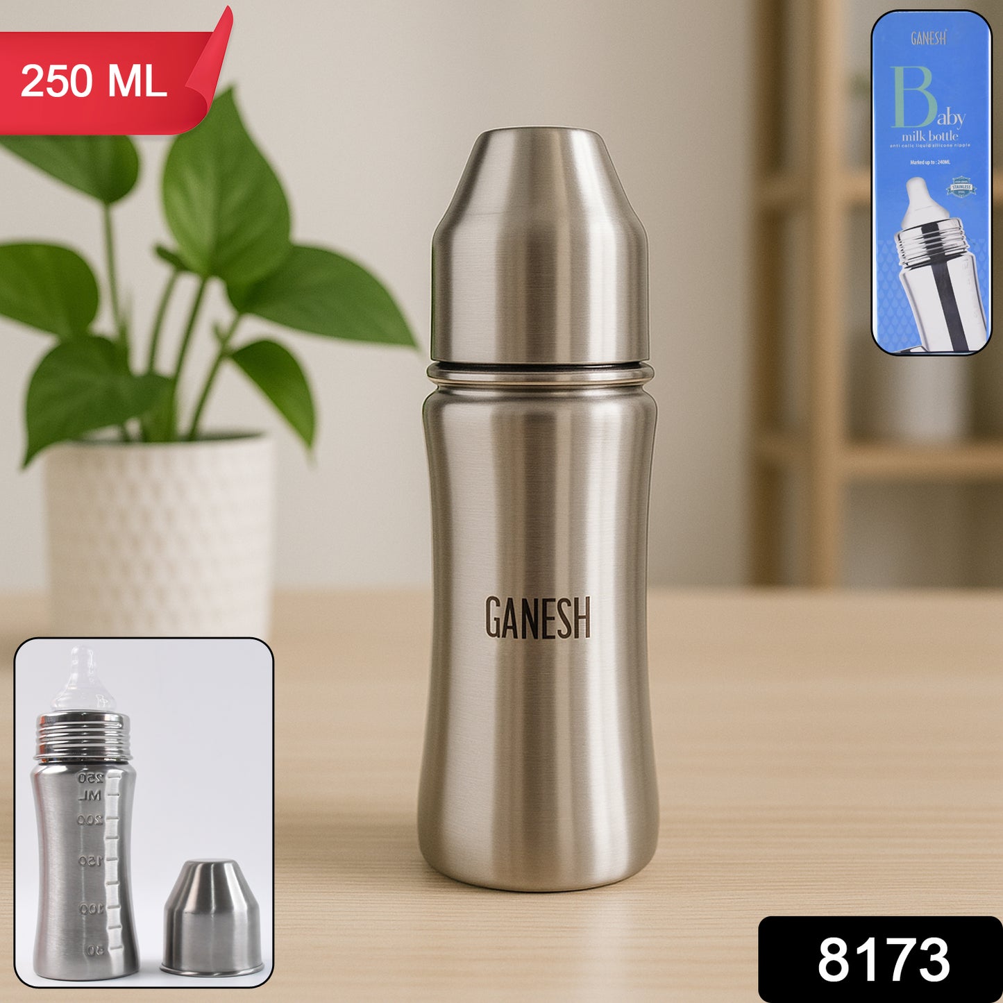 Stainless steel Ganesh baby feeding bottle by Wukusy, 250ml, designed for newborns and toddlers up to 3 years, BFA free.