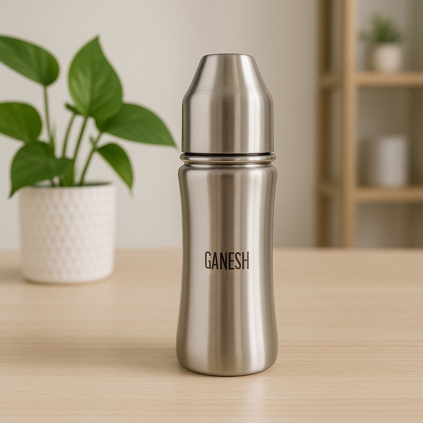 Stainless steel Ganesh baby feeding bottle by Wukusy, 250ml for newborns and toddlers up to 3 years, BFA free.