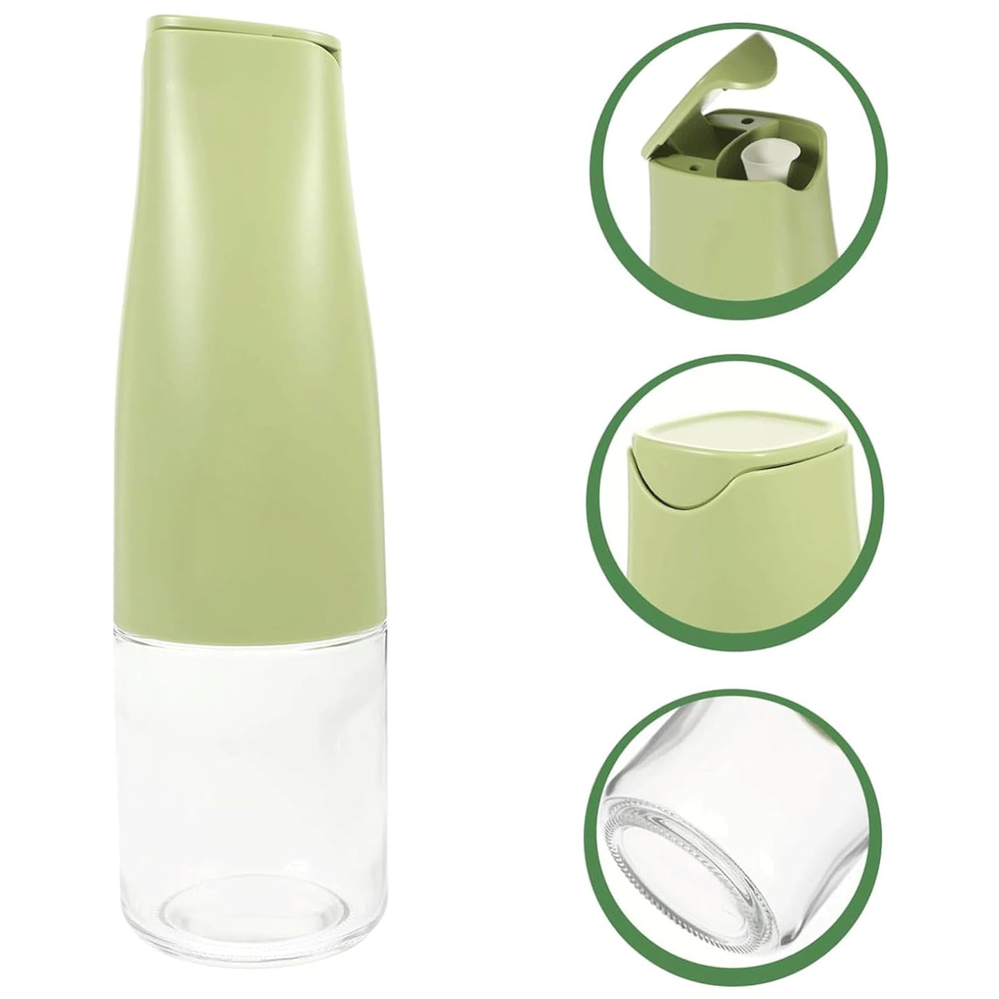 Wukusy 500ml glass oil dispenser with automatic open lid for cooking, grilling, and frying in a kitchen setting.