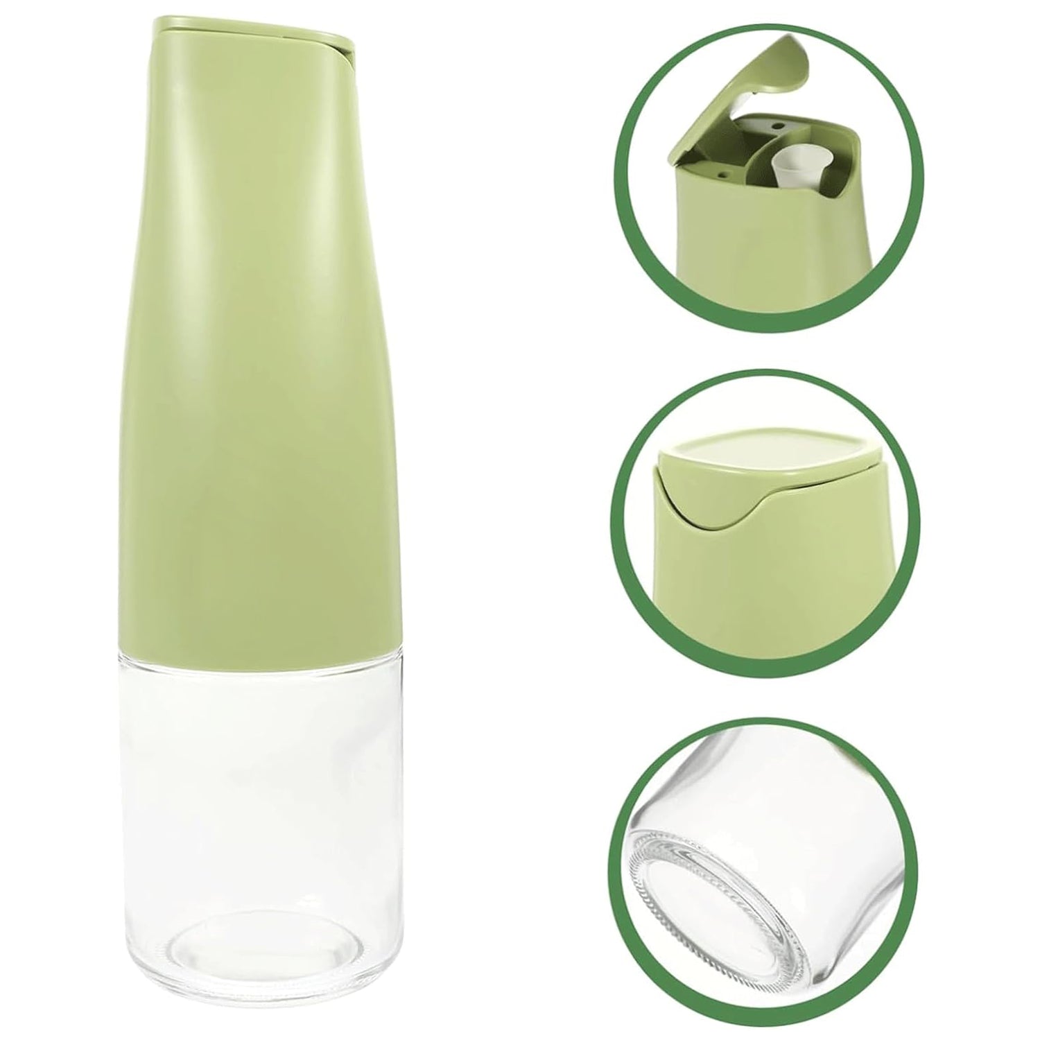 Wukusy 500ml glass oil dispenser with automatic open lid for cooking, grilling, and frying in a kitchen setting.
