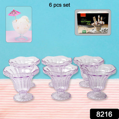 Set of six Wukusy crystal plastic ice-cream bowls for desserts, snacks, fruit, pudding, nuts, or dips in a home kitchen setting.
