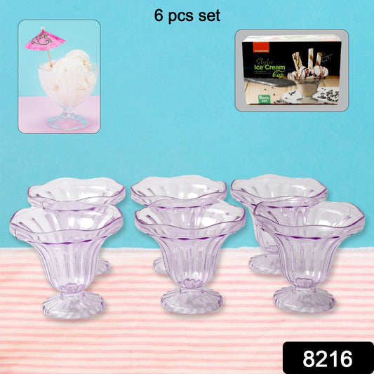 Set of six Wukusy crystal plastic ice-cream bowls for desserts, snacks, fruit, pudding, nuts, or dips in a home kitchen setting.