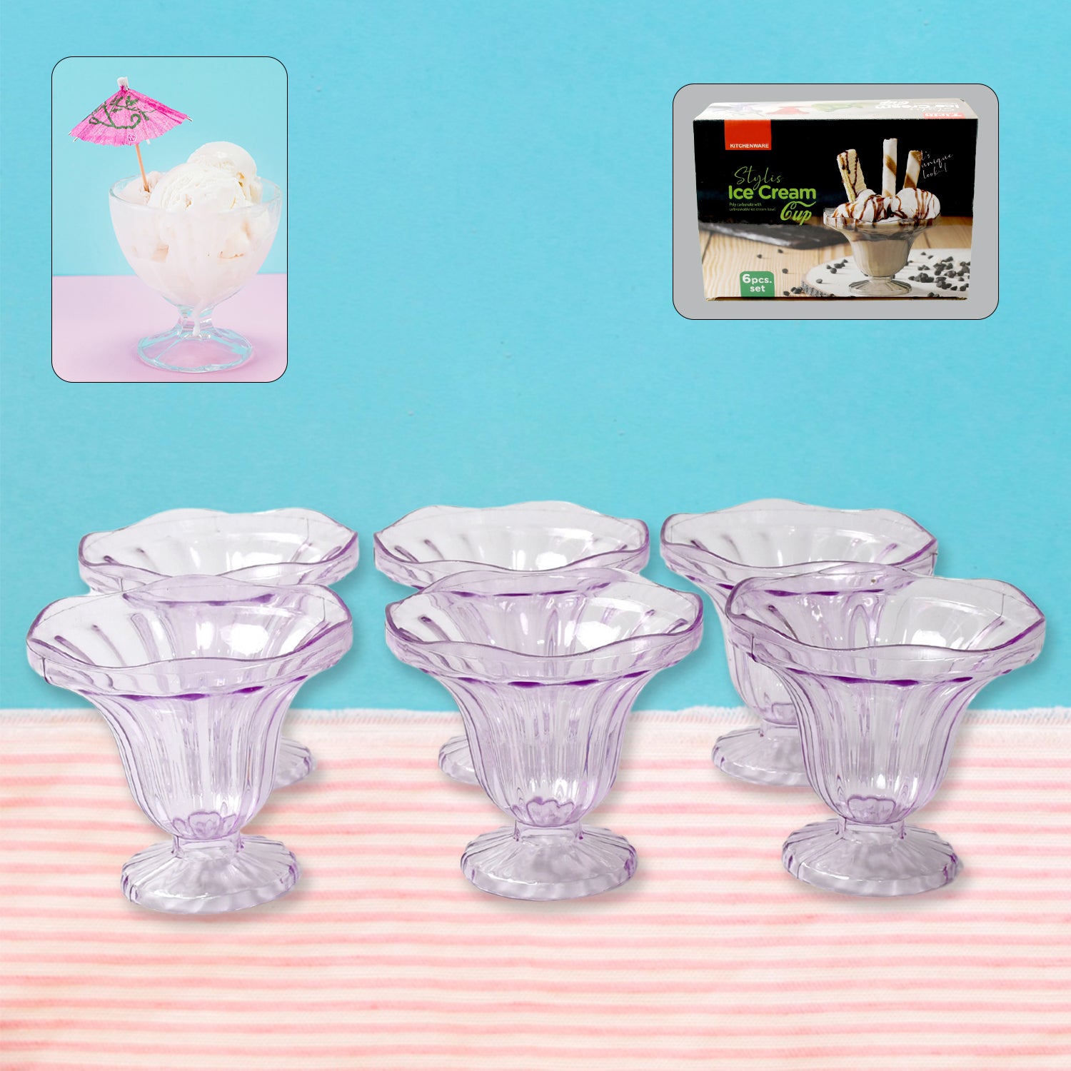 Set of 6 Wukusy crystal plastic ice cream bowls for desserts, snacks, fruit, pudding, nuts, or dips in a home and kitchen setting.