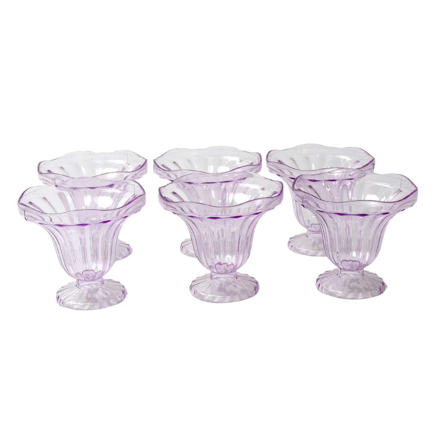 Set of 6 Wukusy crystal plastic ice cream bowls for desserts, snacks, fruit, pudding, nuts, or dips in a home kitchen setting.