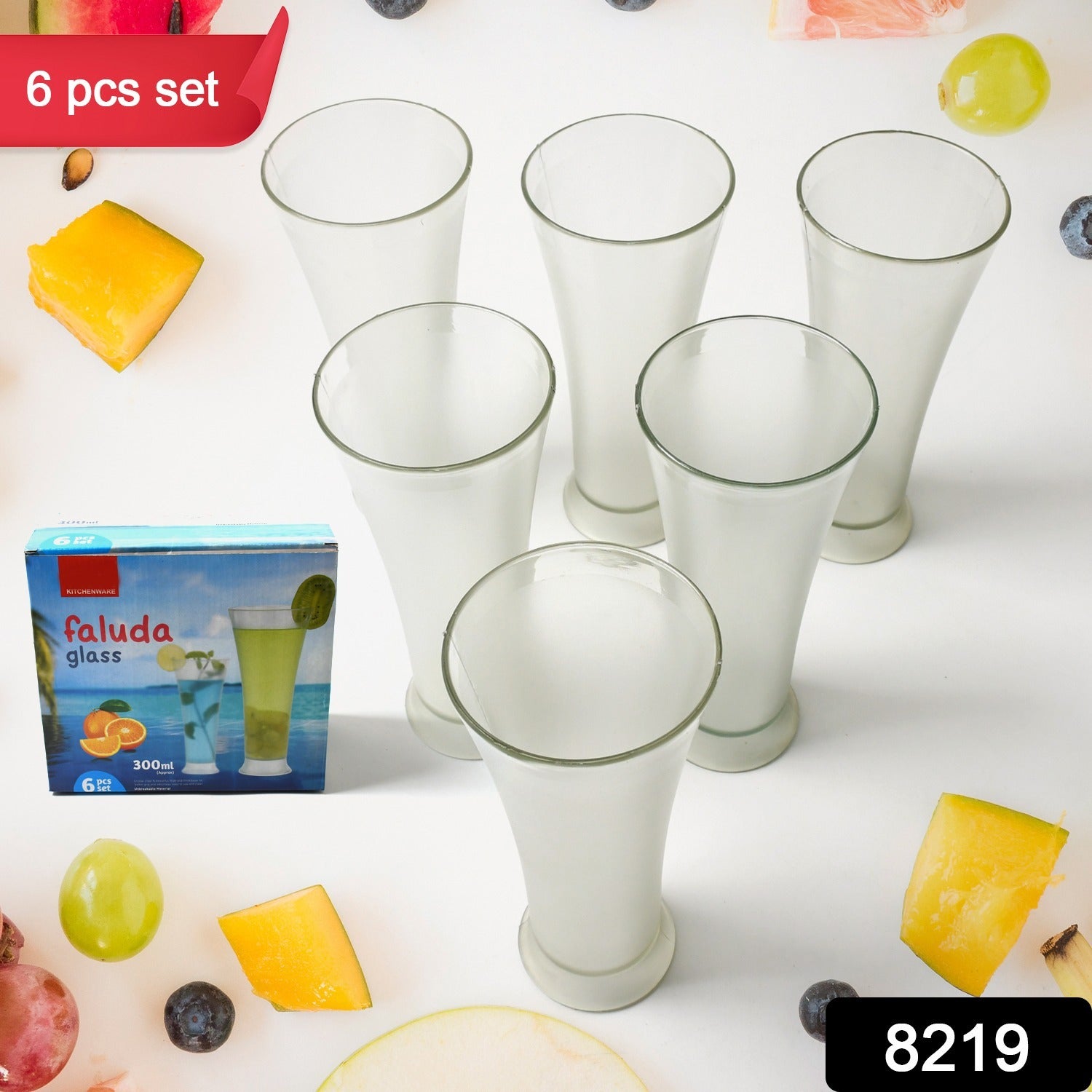 Set of 6 transparent Wukusy water glasses for Faluda ice cream and juice, stylish 300ml drinking glasses for home and kitchen use.