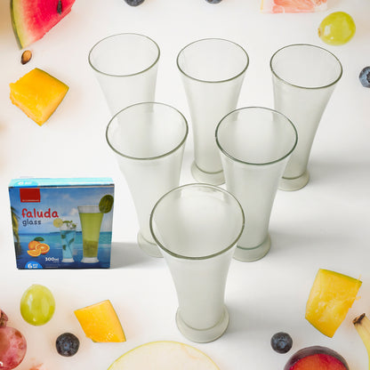 Set of 6 transparent Wukusy water glasses, 300ml, stylish for Faluda ice cream, juice, and water, in a modern home and kitchen setting.
