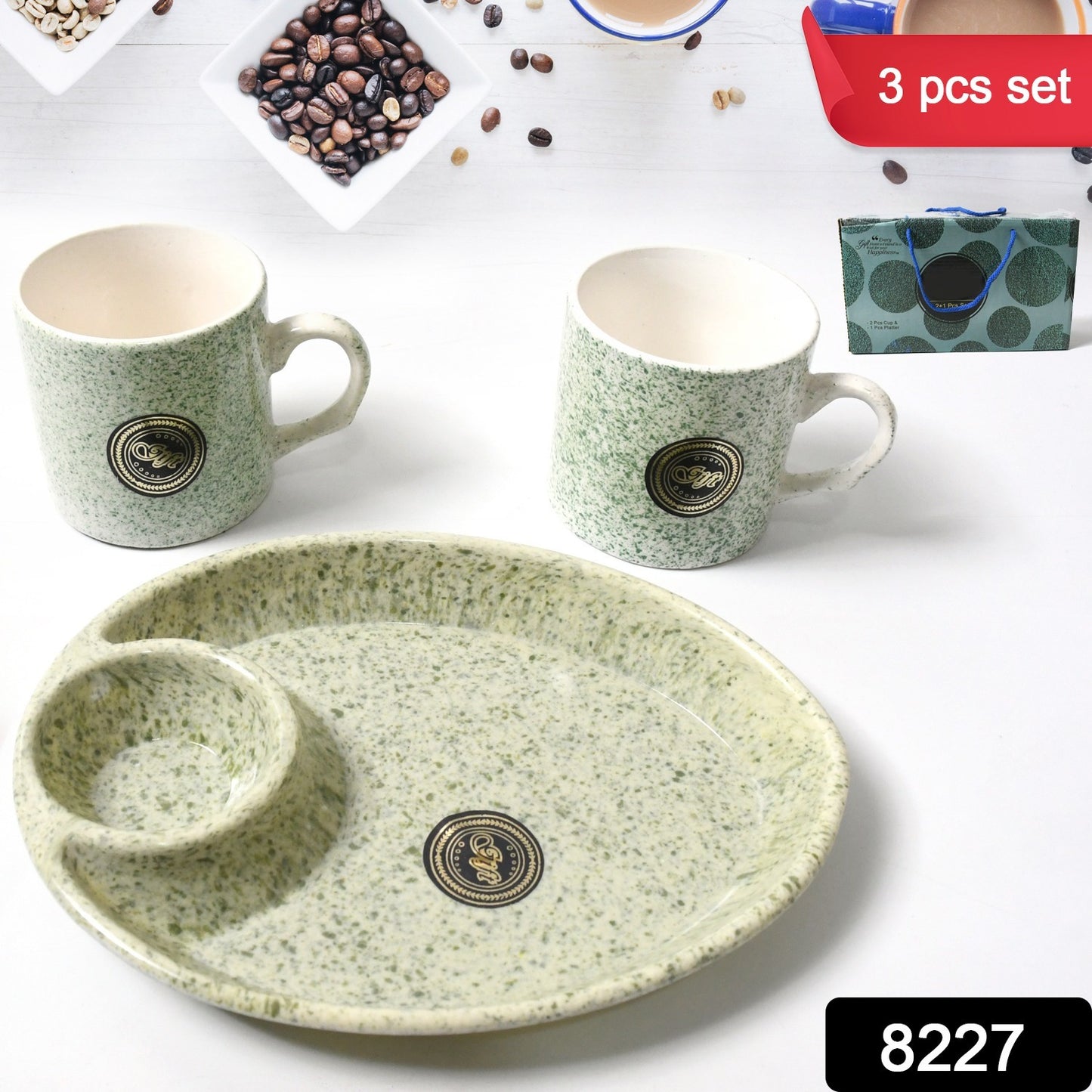 Wukusy Alpino ceramic tea cups set with plastic serving platter, including milk and coffee cups, BPA-free food-grade, for household use.
