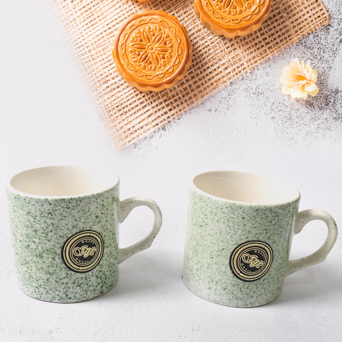 Wukusy Alpino ceramic tea cups set with 2-compartment platter, milk and coffee cups, BPA-free food-grade kitchenware for household use.