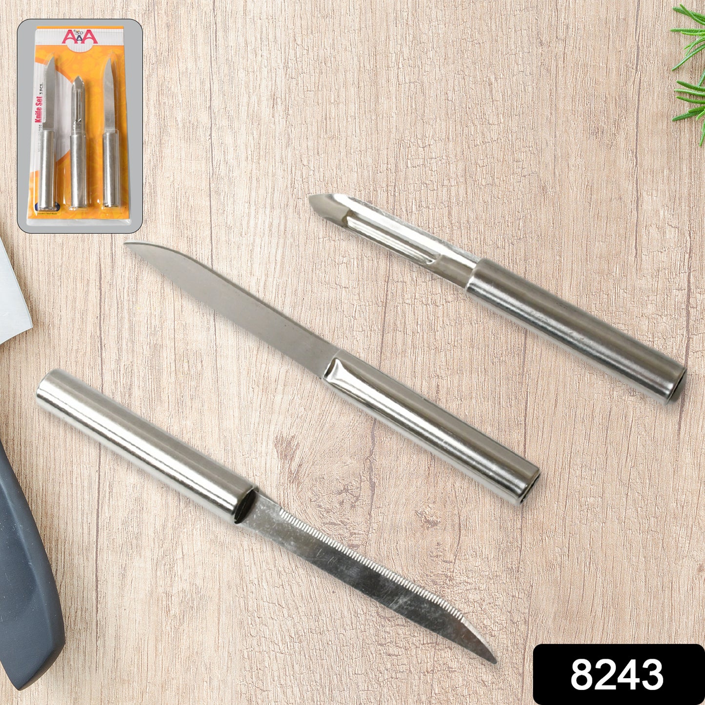 Set of three Wukusy stainless steel multipurpose knives with non-slip handles, ideal for chopping fruit, meat, and vegetables.