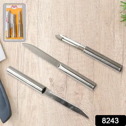 Set of three Wukusy stainless steel multipurpose knives with non-slip handles, ideal for chopping fruit, meat, and vegetables.