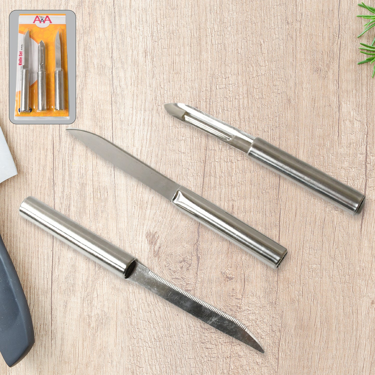 Set of three Wukusy stainless steel multipurpose knives with non-slip handles for fruit, meat, and vegetable chopping.