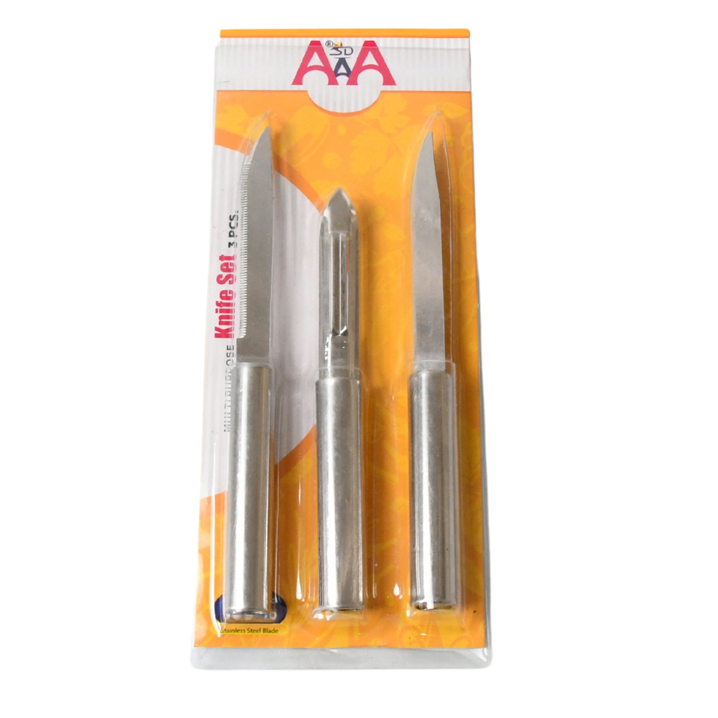Set of three Wukusy stainless steel multipurpose knives with non-slip handles for fruit, meat, and vegetable chopping.