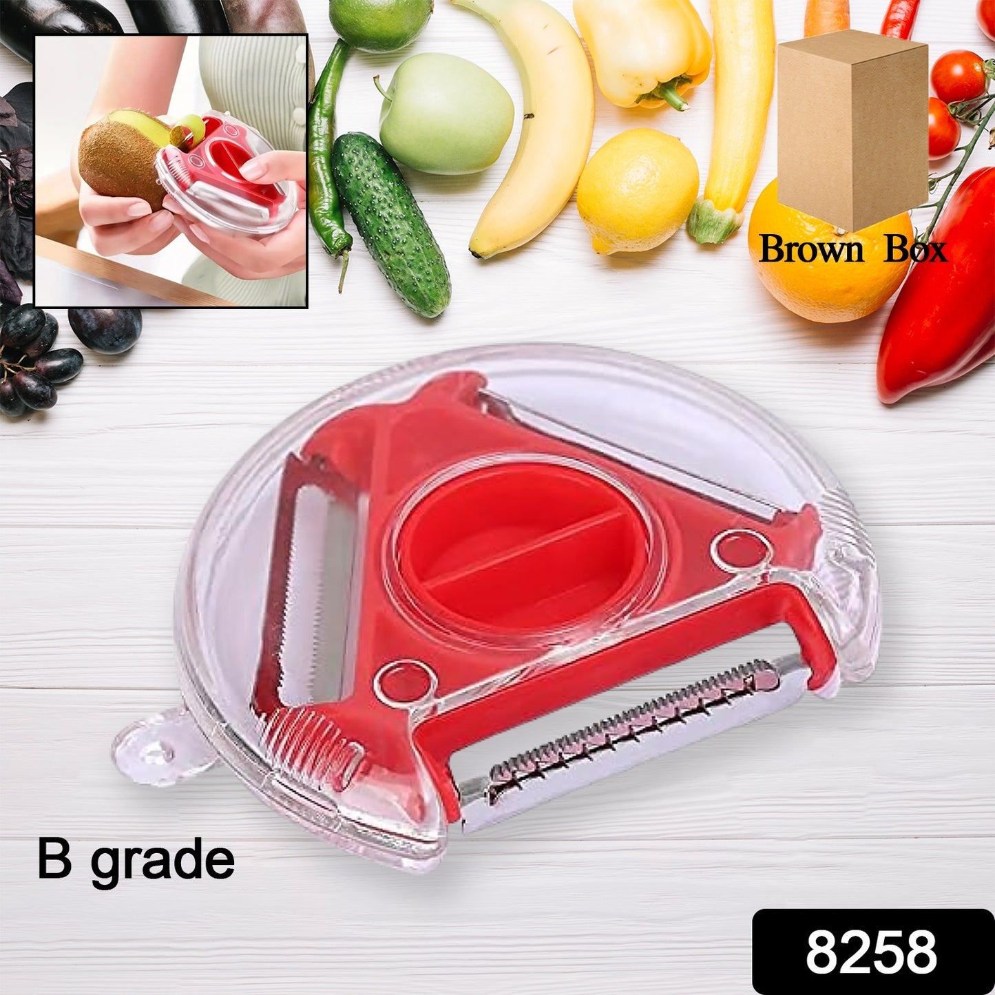 Wukusy 82583 in 1 multi-function rotary vegetable peeler, cutter, and slicer for kitchen use, with hanging storage design.