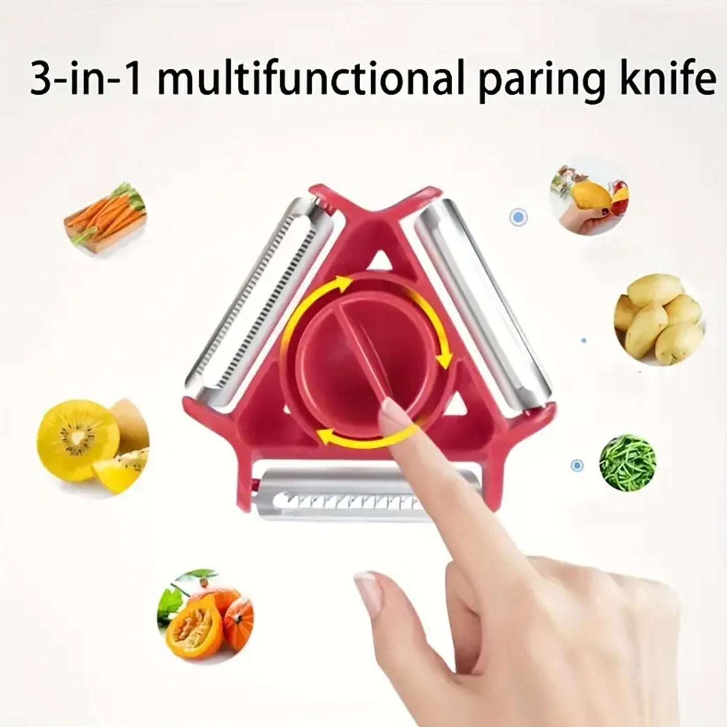 Wukusy 82583 in 1 multi-function rotary vegetable slicer, peeler, and cutter with hanging feature for kitchen use and food prep.