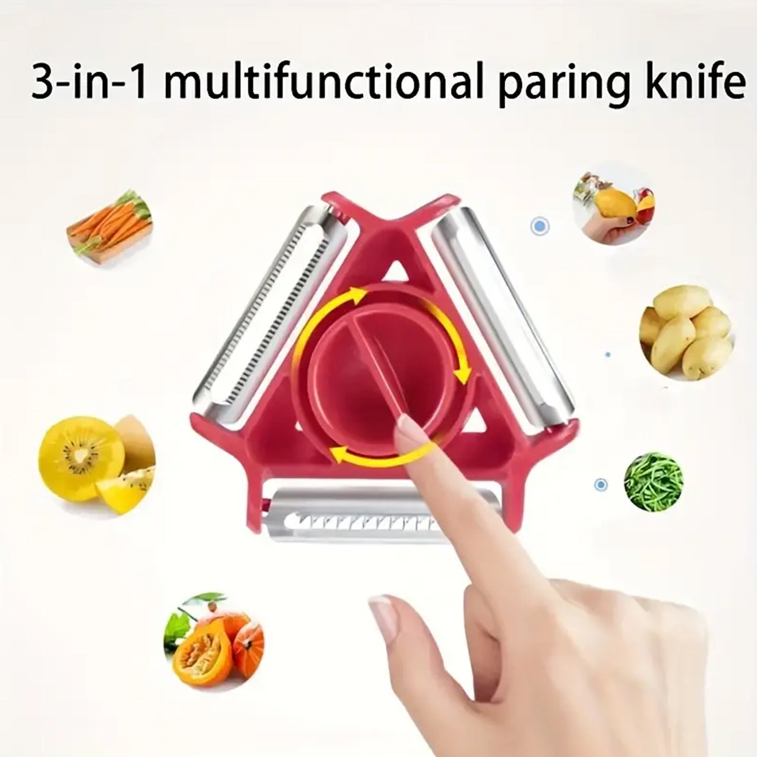 Wukusy 82583 in 1 multi-function rotary vegetable slicer, peeler, and cutter with hanging feature for kitchen use and food prep.