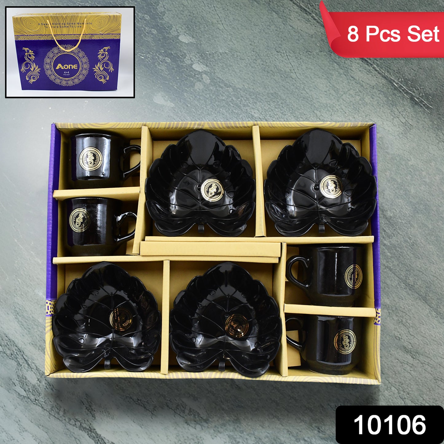 Wukusy ceramic tea cups and mug set with leaf-shaped serving bowl, 8-piece home and kitchen ceramic dinnerware set.