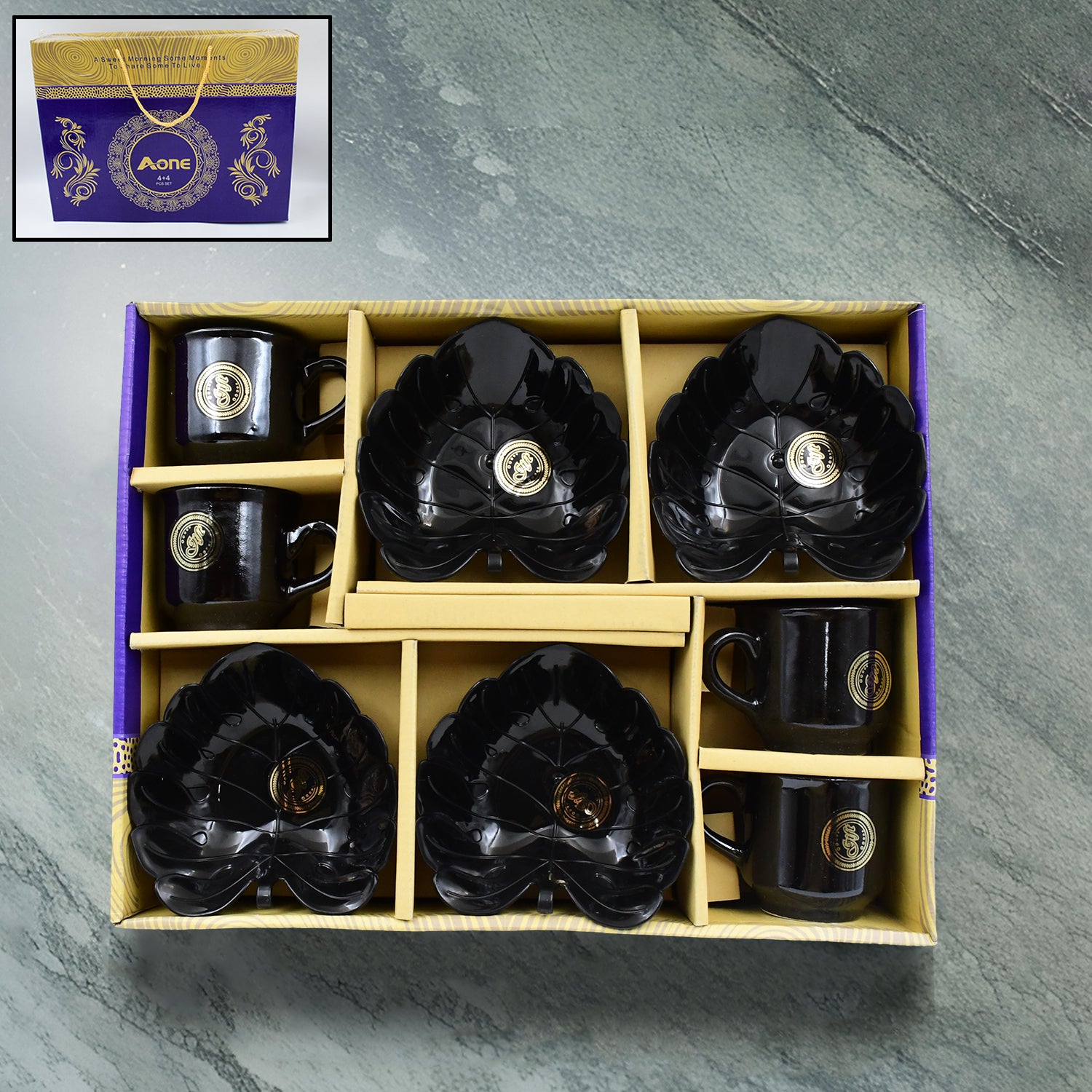 Wukusy ceramic tea cups mug set with leaf-shaped serving bowl, 8-piece home and kitchen tea serving collection