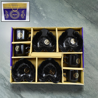 Wukusy ceramic tea cups mug set with leaf-shaped serving bowl, 8-piece home and kitchen tea serving collection