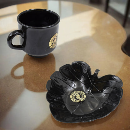 Wukusy ceramic tea cups and mugs set with leaf-shaped serving bowl, 8-piece home kitchen teaware collection.