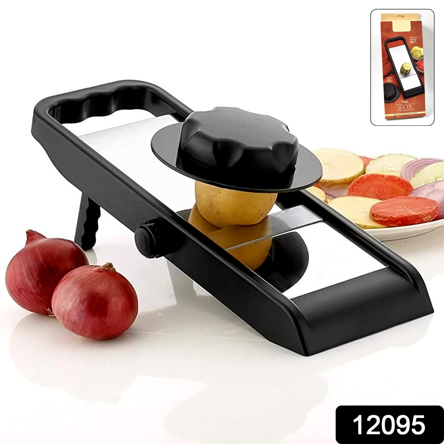 Wukusy adjustable stainless steel and plastic multipurpose potato and onion slicer with grater for home and kitchen use.