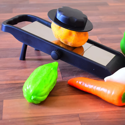 Wukusy adjustable stainless steel and plastic multipurpose potato and onion slicer and grater for home kitchen use.