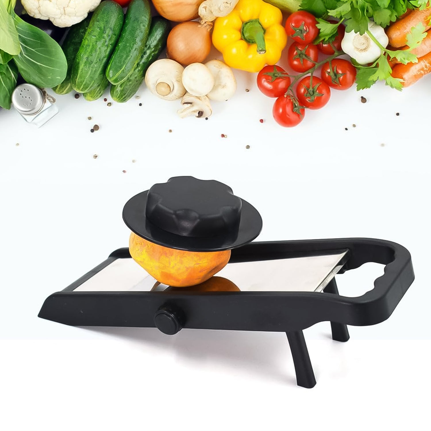 Wukusy adjustable stainless steel and plastic multipurpose potato and onion slicer and grater for kitchen use.