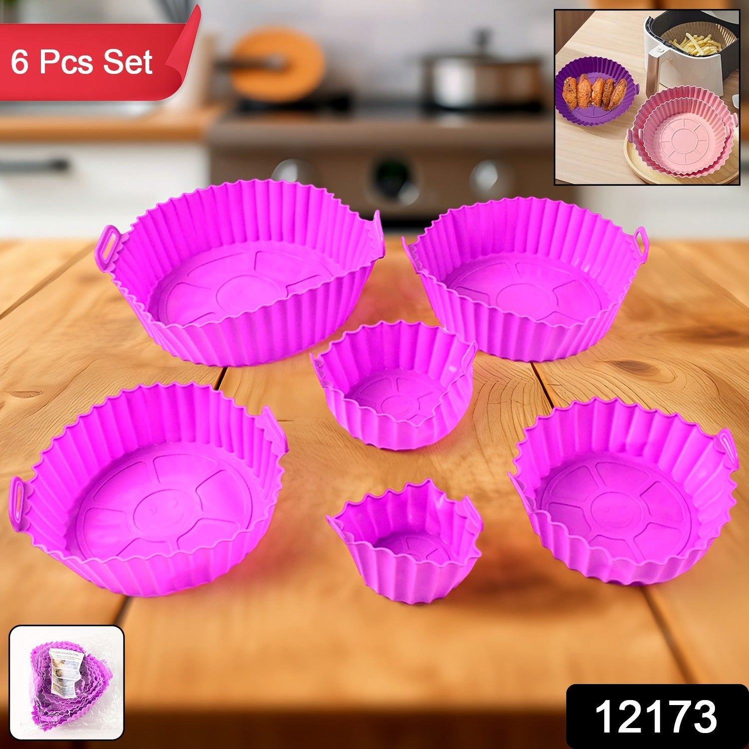 Wukusy 6-pack reusable silicone air fryer pots with handles, kitchen cookware for healthy cooking and easy handling.