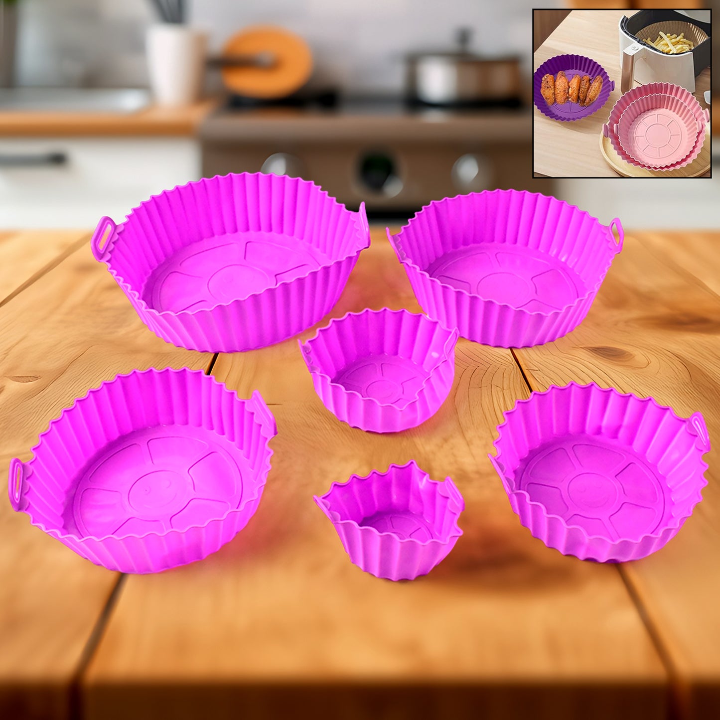Set of six Wukusy reusable silicone air fryer pots with handles, designed for versatile home and kitchen cooking.